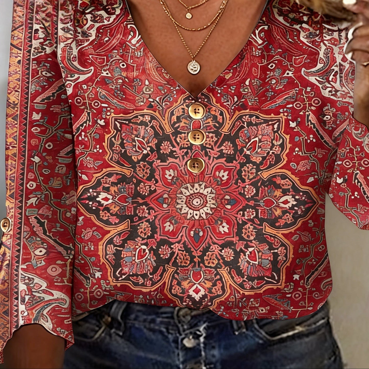 Rot gemusterte Bluse im Bohemian-Stil