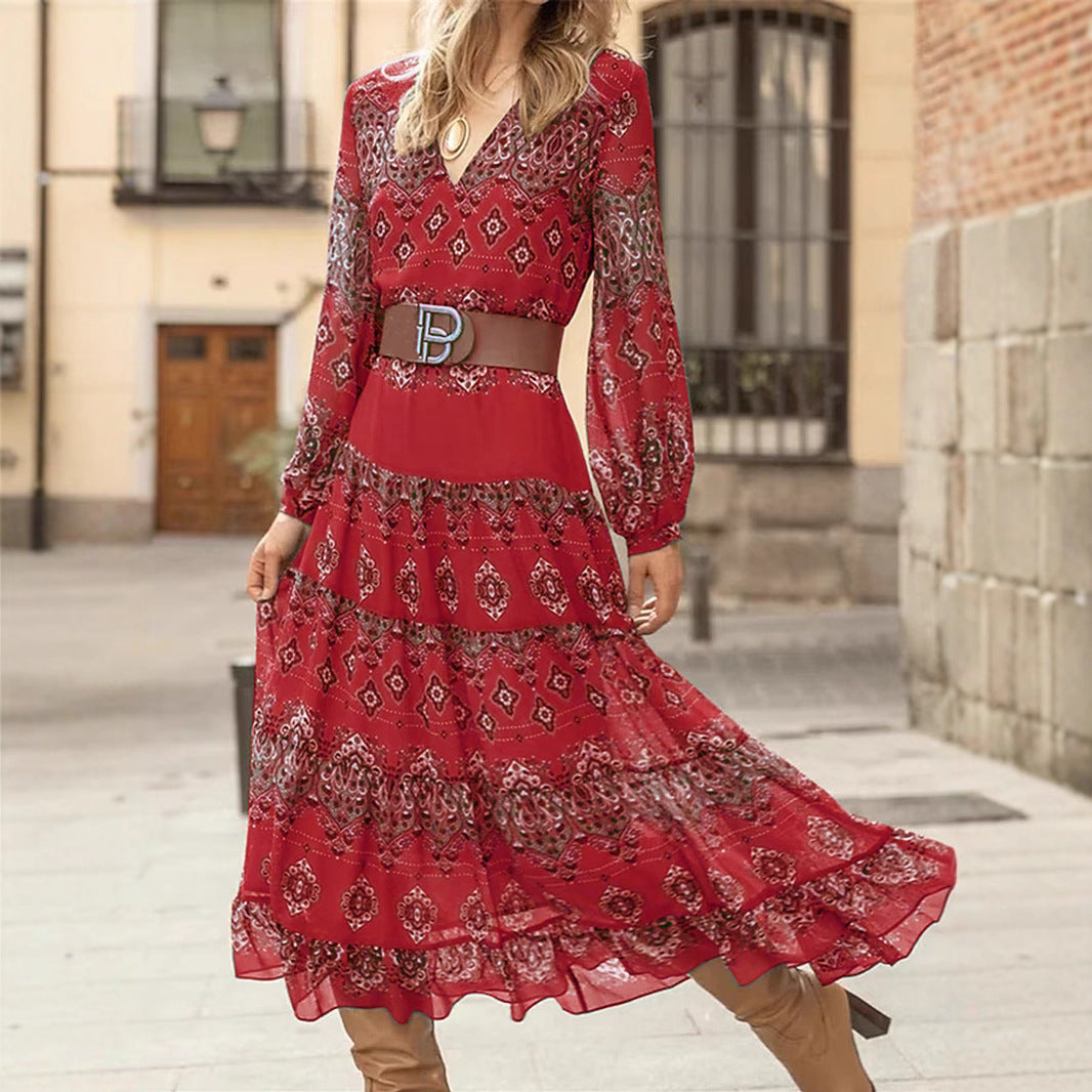 Grünes V-Ausschnitt Langarm-Midikleid