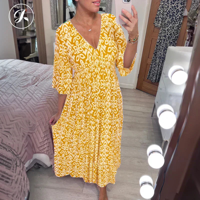 Böhmisches lässiges V-Ausschnitt Wickelkleid mit Print