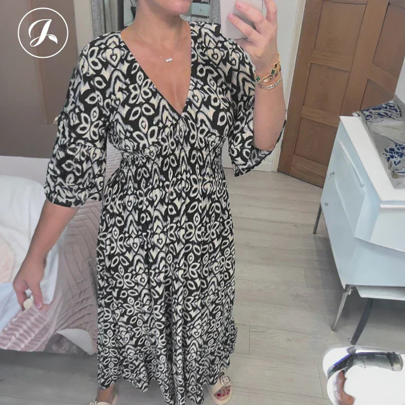 Böhmisches lässiges V-Ausschnitt Wickelkleid mit Print
