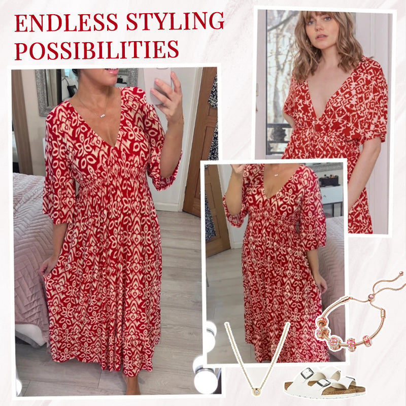 Böhmisches lässiges V-Ausschnitt Wickelkleid mit Print