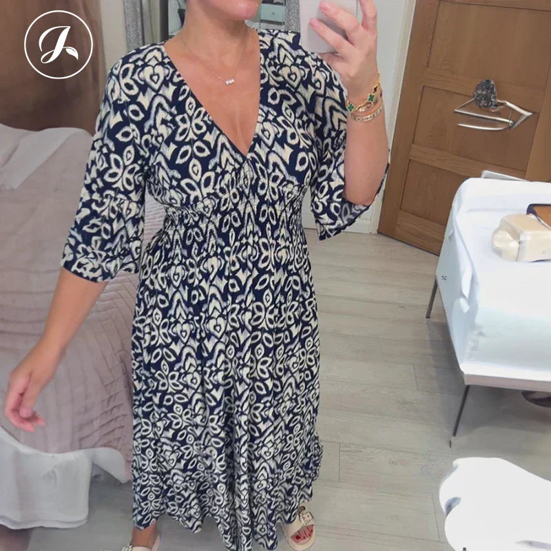 Böhmisches lässiges V-Ausschnitt Wickelkleid mit Print