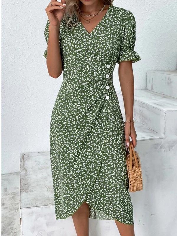 Kurzärmeliges grünes Midikleid mit Blumenmuster und Knopfleiste